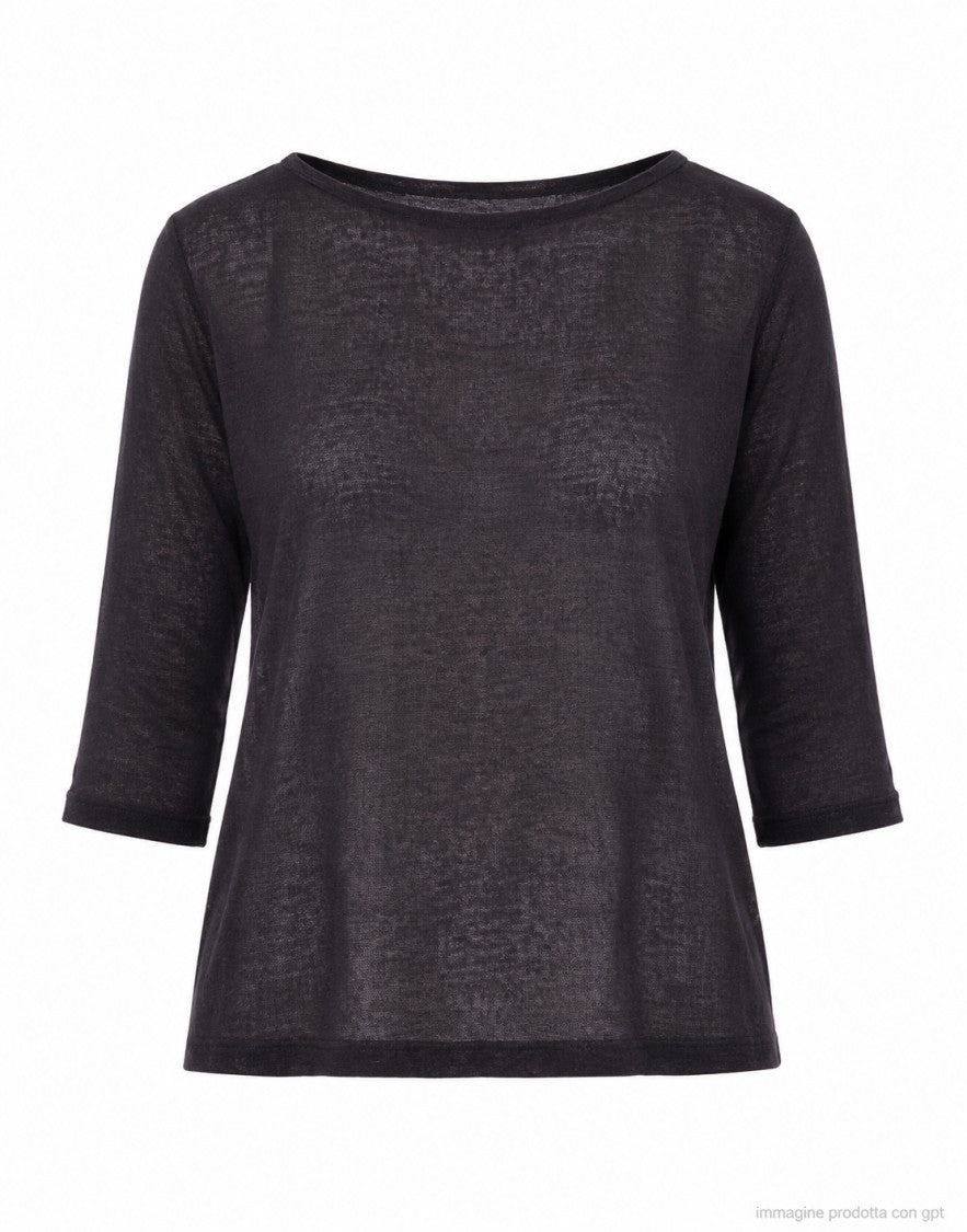 Aragona Black Relaxed Fit Linen Boat-Neck Top
