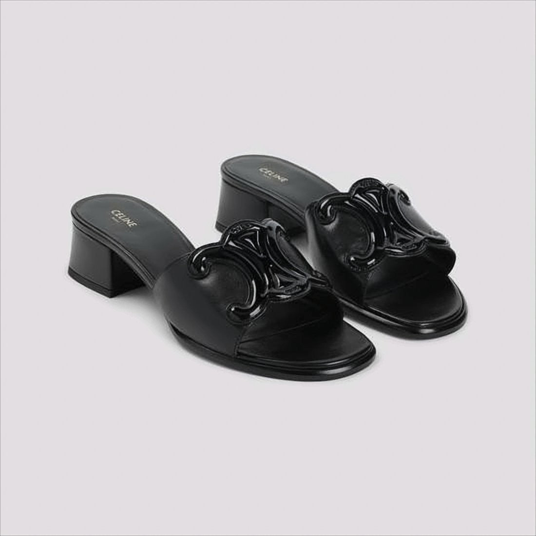 Celine Open Toe Mules With Glossy Emblem Detail