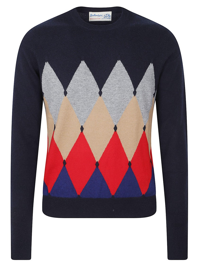 Ballantyne Argyle Pattern Crew Neck Sweater In Navy