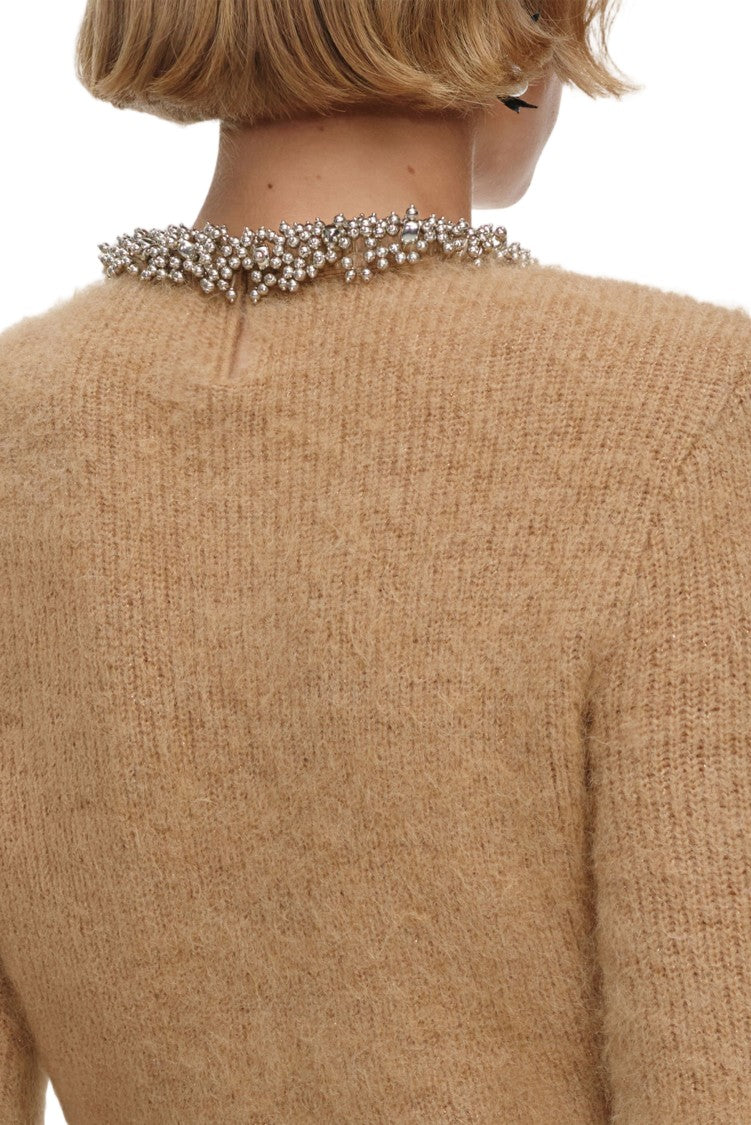 Self-Portrait Fitted Beige Sweater With Pearl Embellishments