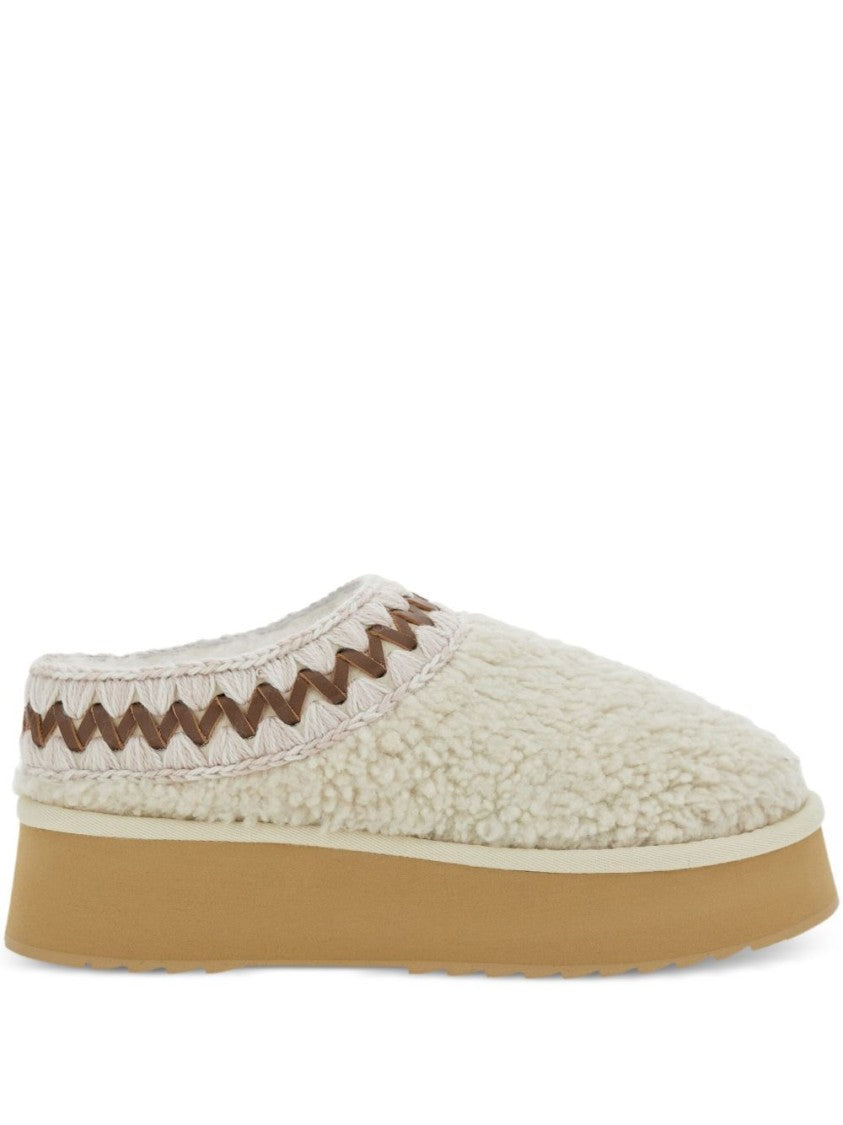 Mou Two-Tone Crochet Wool Slip-On Sandals With Plush Shearling