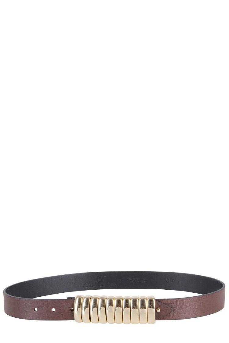 Federica Tosi Brown And Gold Bold Adjustable Metal Rings Leather Belt