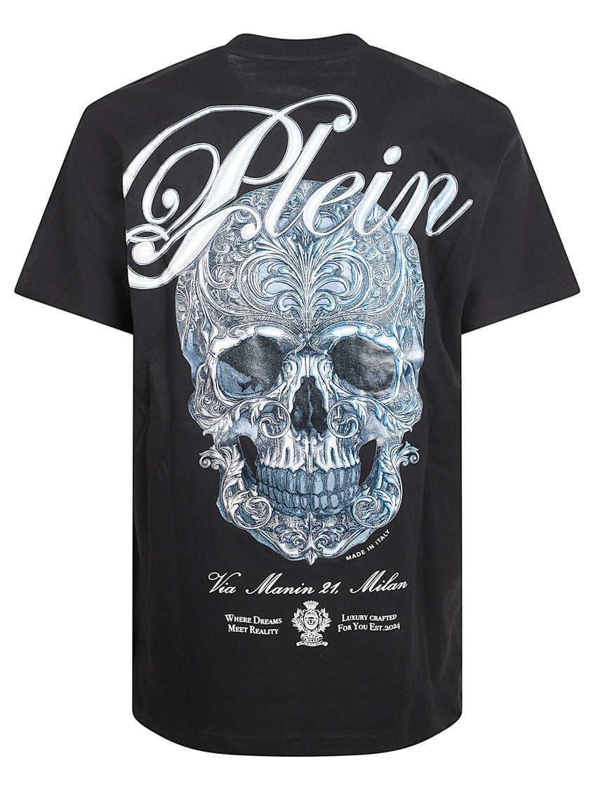Philipp Plein Black Cotton T-Shirt With Intricate Silver Skull Design