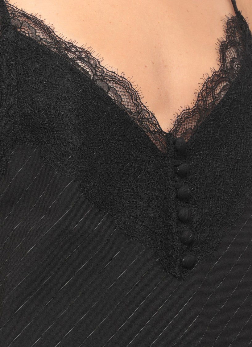 The Andamane Black Pinstriped Lace-Trim Tank Top