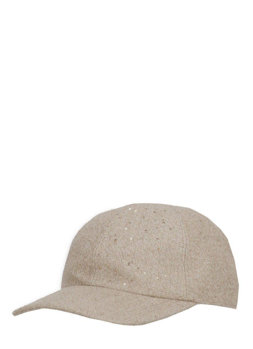 Panicale Beige Sequined Baseball Cap With Metal Logo Detail
