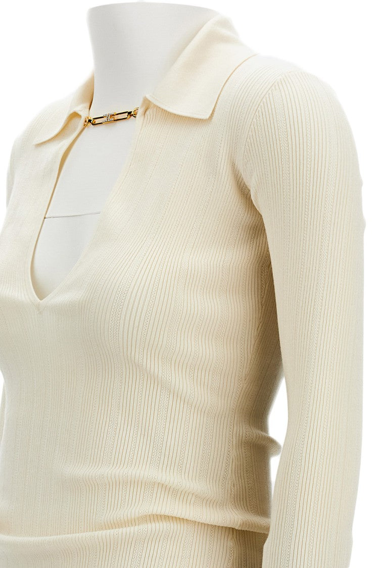 Elisabetta Franchi Sweater With Asymmetric 'V' Neckline And Ribbed Texture