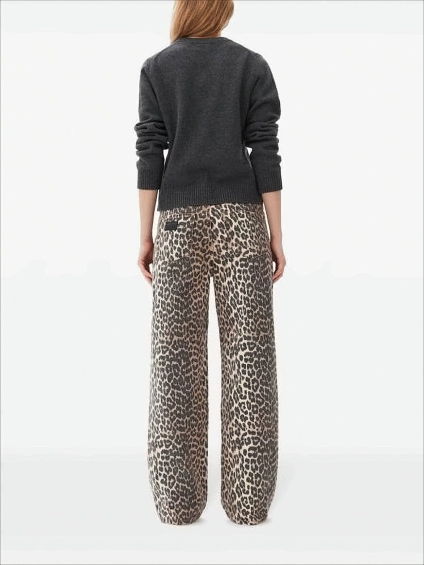 Ganni Wide-Leg Leopard Print Organic Cotton Pants
