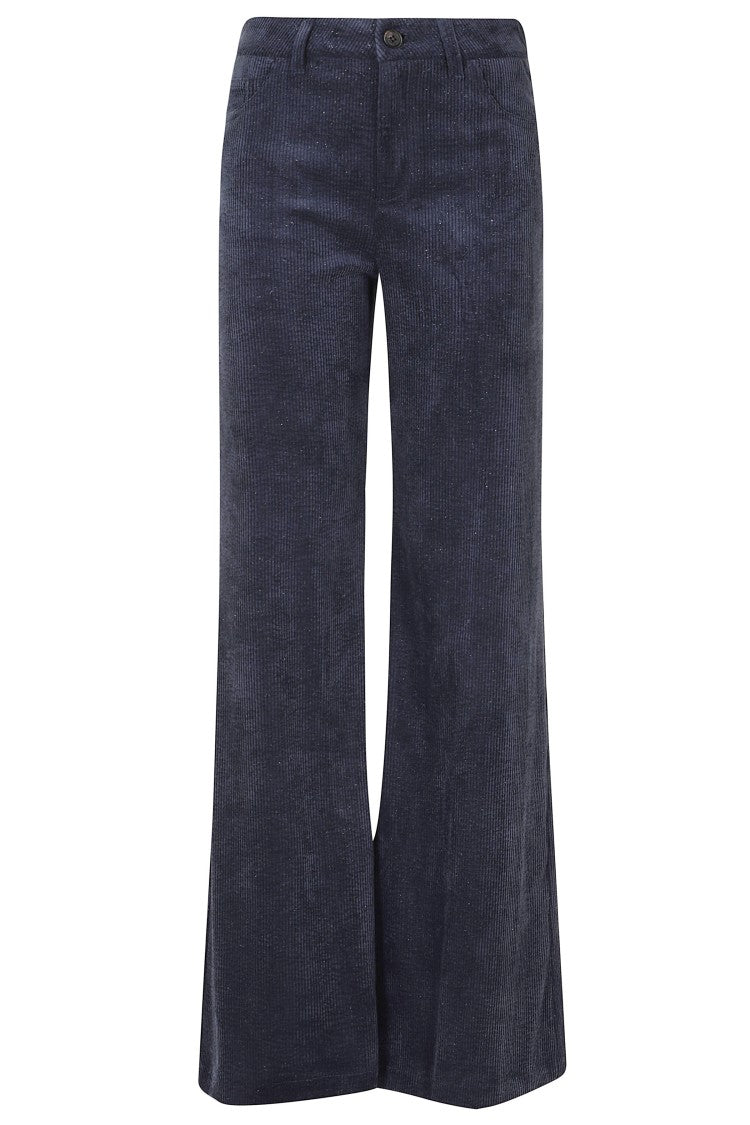 Ermanno Firenze Blue Glossy Ribbed Velvet Straight-Leg Pants