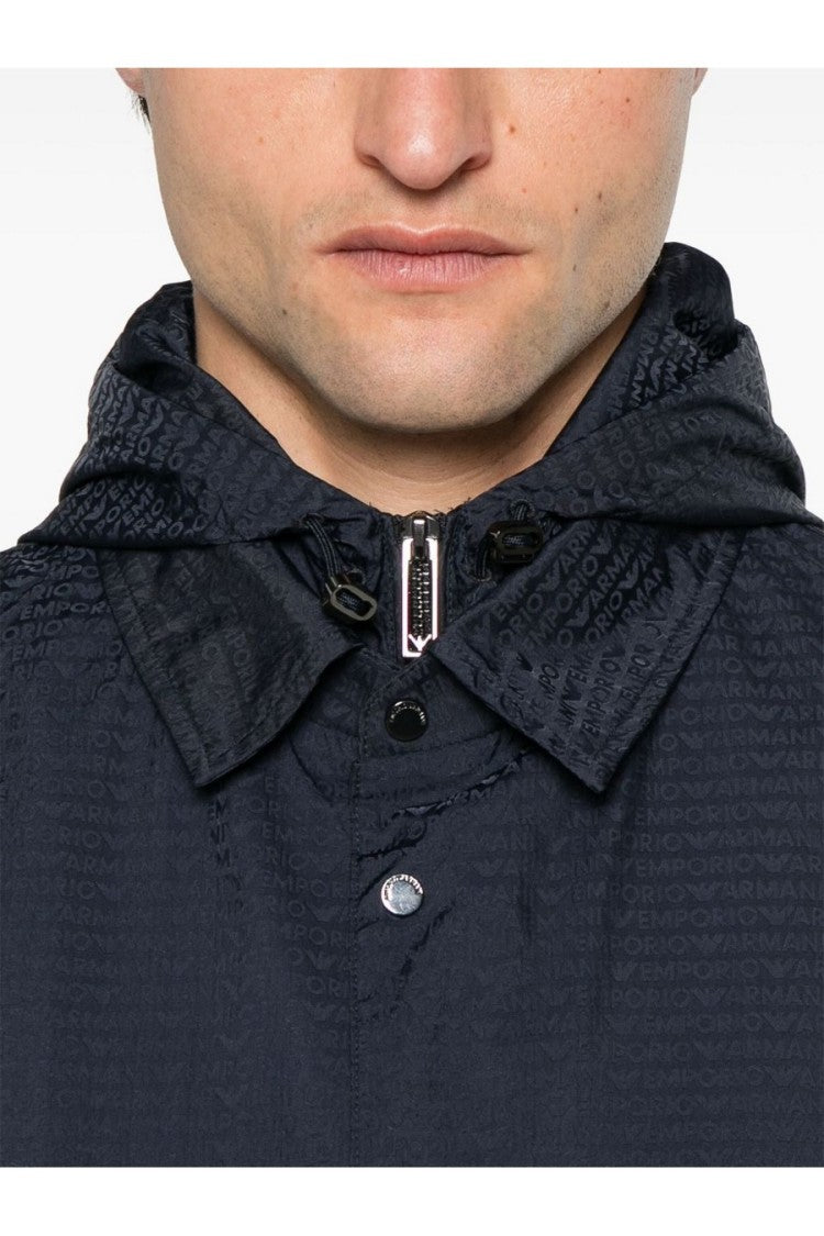 Emporio Armani Navy Snap-Front Drawstring Hooded Polyamide Jacket