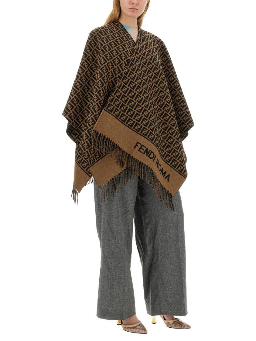 Fendi Geometric Patterned Square Poncho In Wool And Cashmere Blend