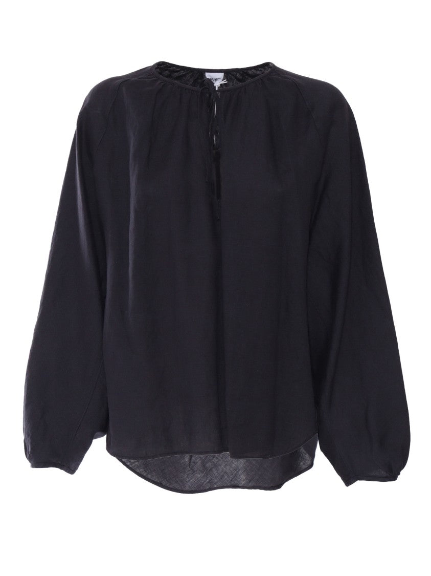 Aspesi Relaxed Fit Black Linen Top With Voluminous Sleeves