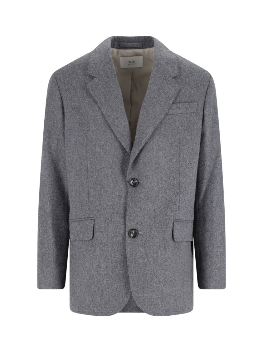 Ami Single-Breasted Grey Virgin Wool Blazer With Classic Lapel