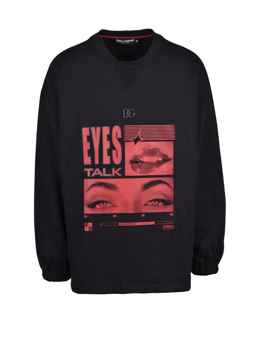Dolce & Gabbana Graphic Black Oversize Crewneck Sweatshirt With Contemporary Design