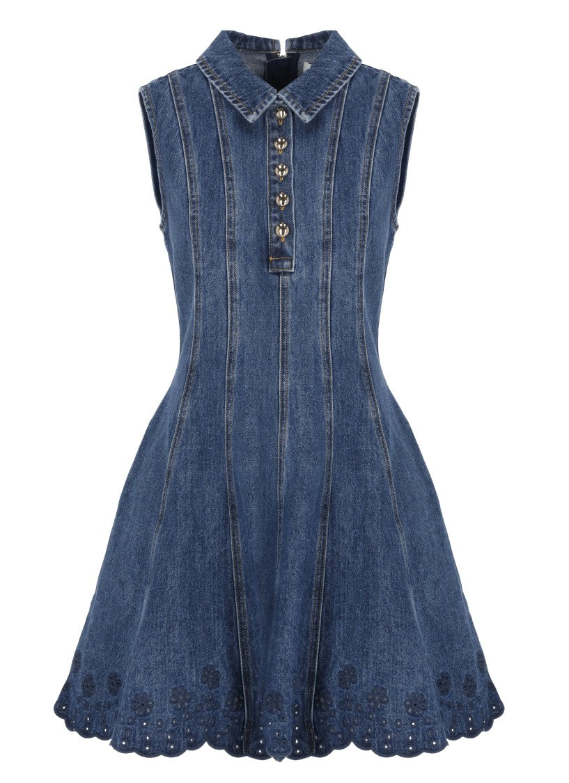 Self-Portrait Denim Mini Dress With Lace Embroidery And Classic Collar