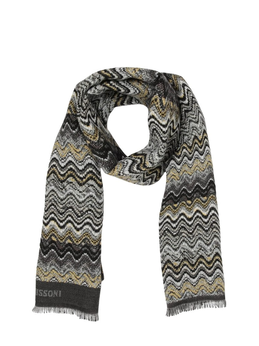 Missoni Zigzag-Pattern Wool Scarf With Textured Knit And Fringed Edges
