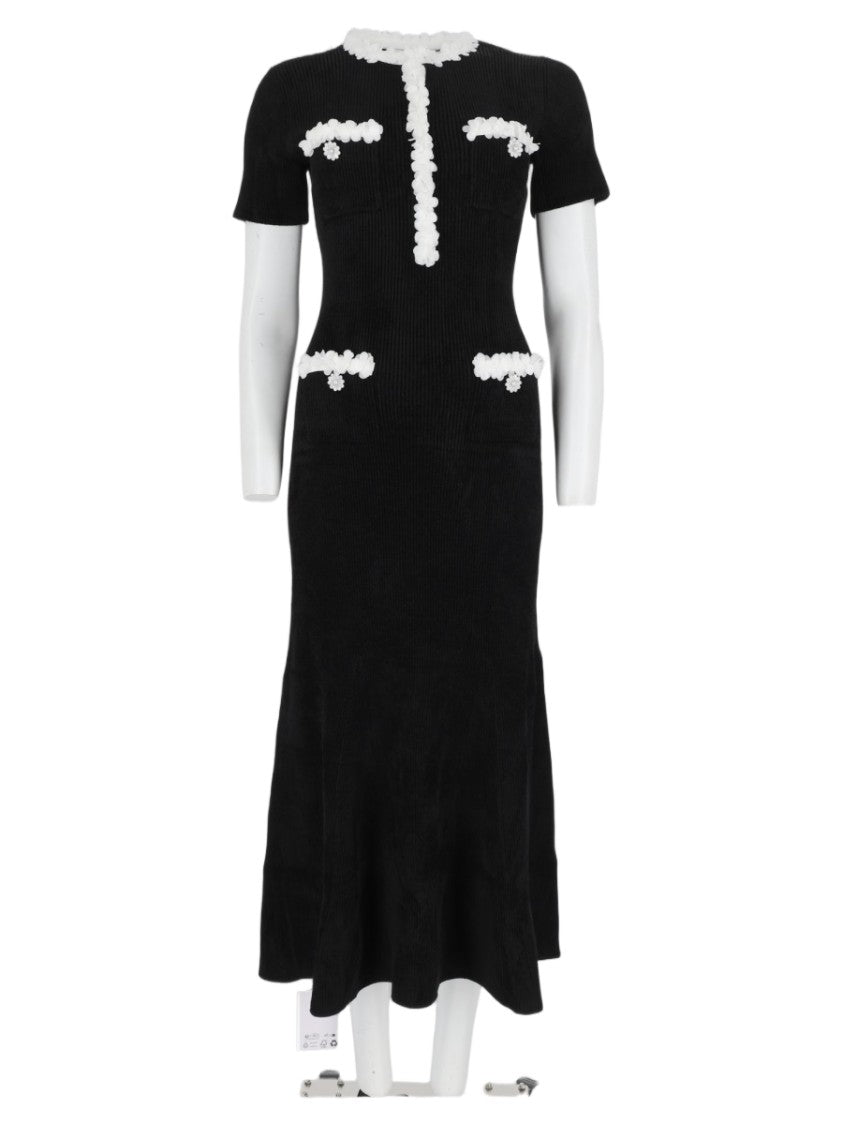 Self-Portrait Black Floral Trim Ribbed Viscose-Blend Midi Dress