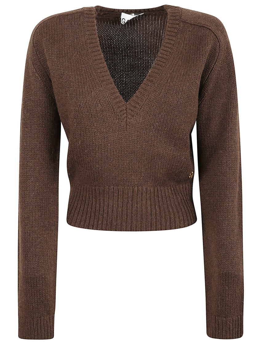 Ganni V-Neck Knit Sweater With Flared Sleeves