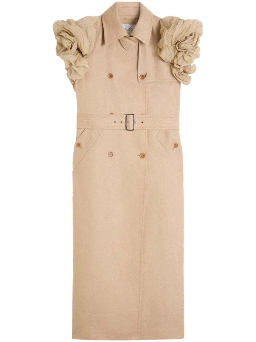 Max Mara Sleeveless Double-Breasted Linen Long Coat With Ruffled Shoulders