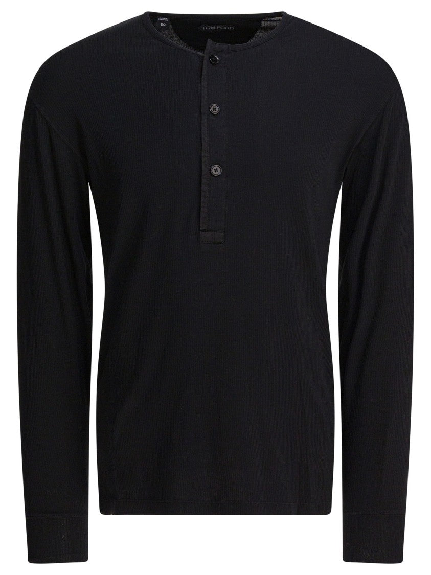 Tom Ford Ribbed Long-Sleeve Henley Shirt With Buttoned Placket