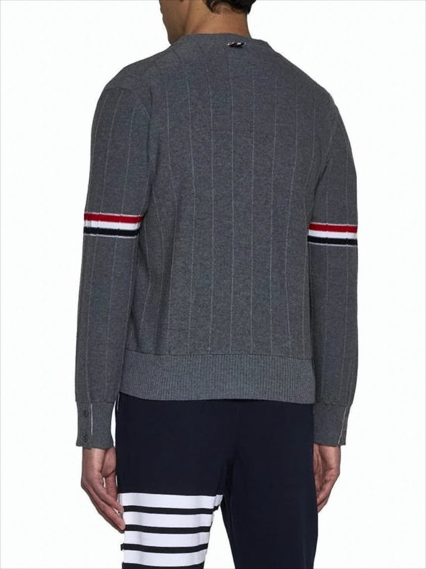 Thom Browne Grey Wool Cardigan With V-Neck And Iconic Striped Accents
