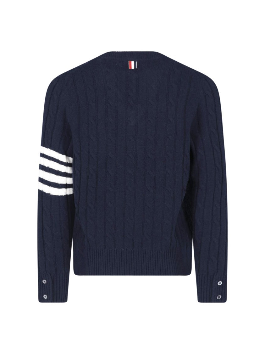 Thom Browne Blue 4-Bar Cable-Knit Cashmere V-Neck Sweater
