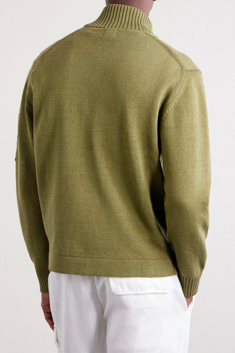 C.P. Company Olive Green Lens Detail Funnel-Neck Cotton Sweater