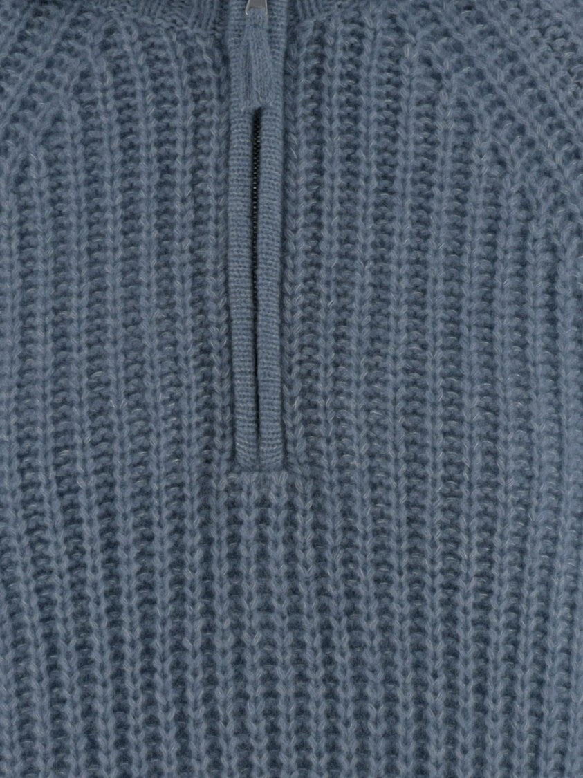 Allude Light Blue Zip Turtleneck Cashmere-Silk Sweater