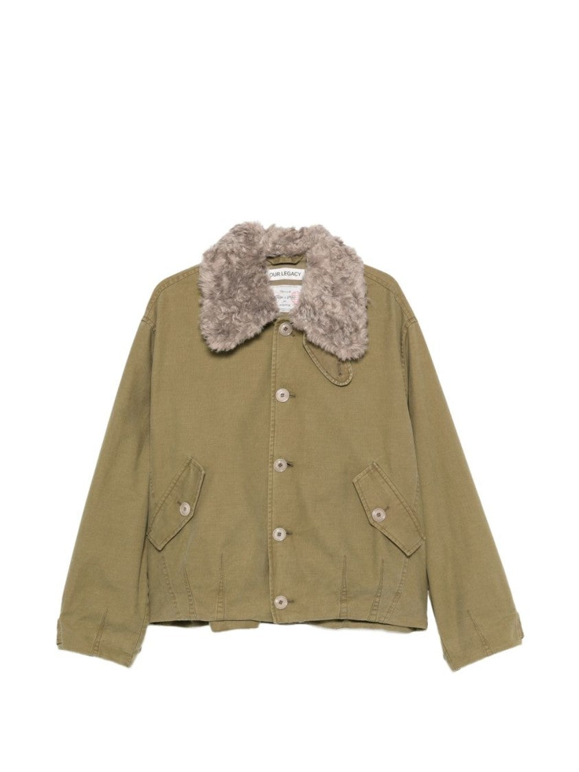 Our Legacy Olive Green Aerial Shearling Collar Cropped Jacket