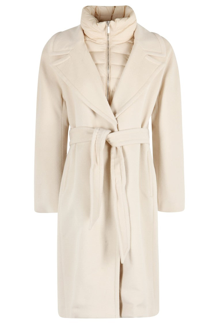 Moorer Cream Wool Coat With Removable Down Bib And Waist Belt