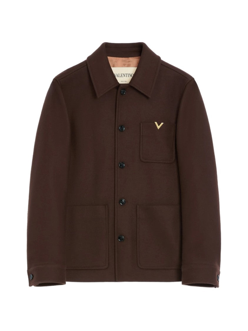 Valentino Boxy Wool Caban Jacket With Classic Collar And Metallic Detail