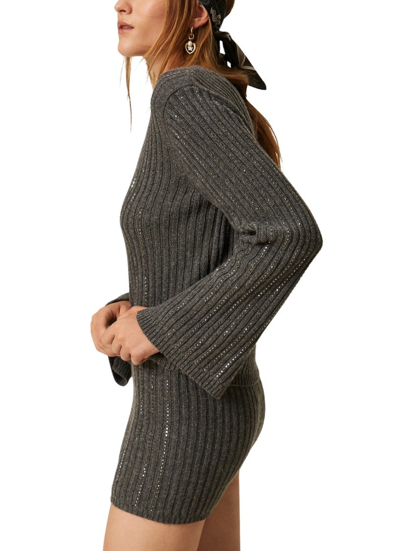 Twin-Set Ribbed Knit Top With Rhinestone Embellishment And Flared Cuffs