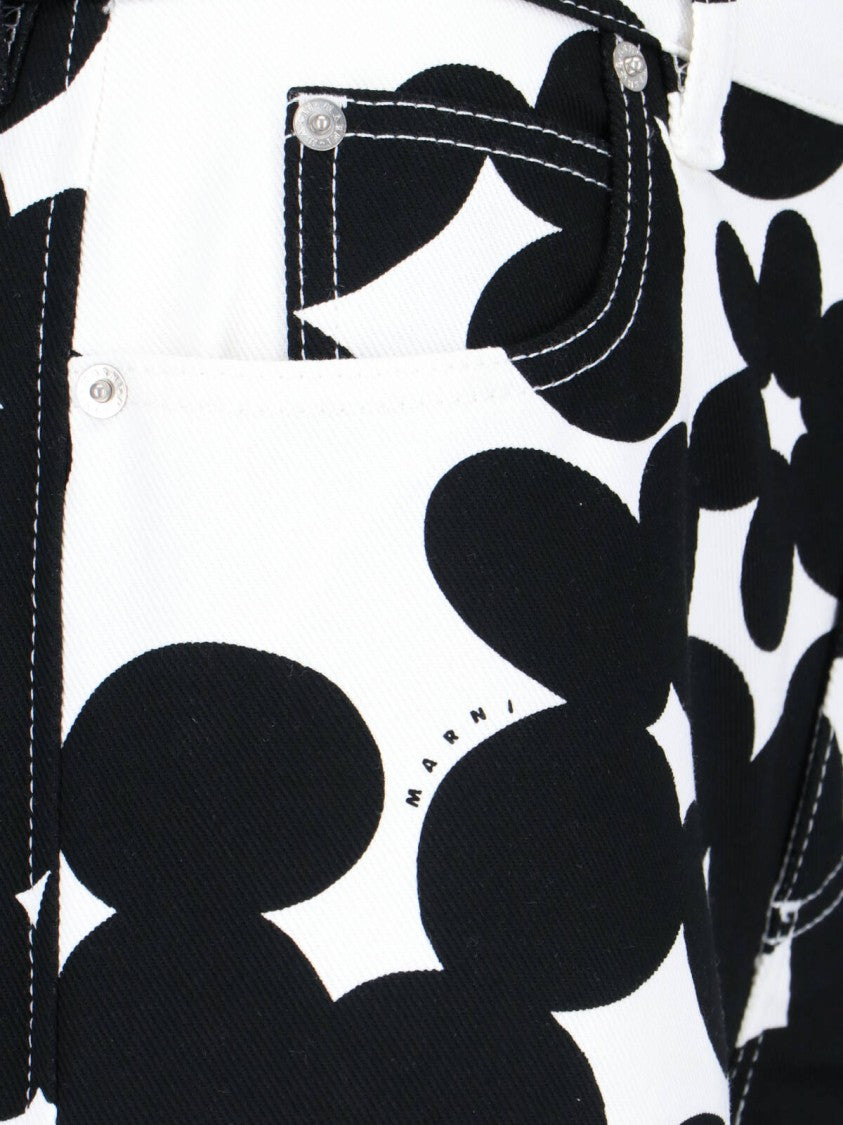 Marni "Dillies" Floral Print Wide-Leg Pants – White