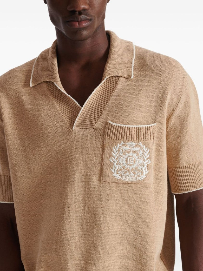 Balmain Beige V-Neck Embroidered Knit Polo Shirt
