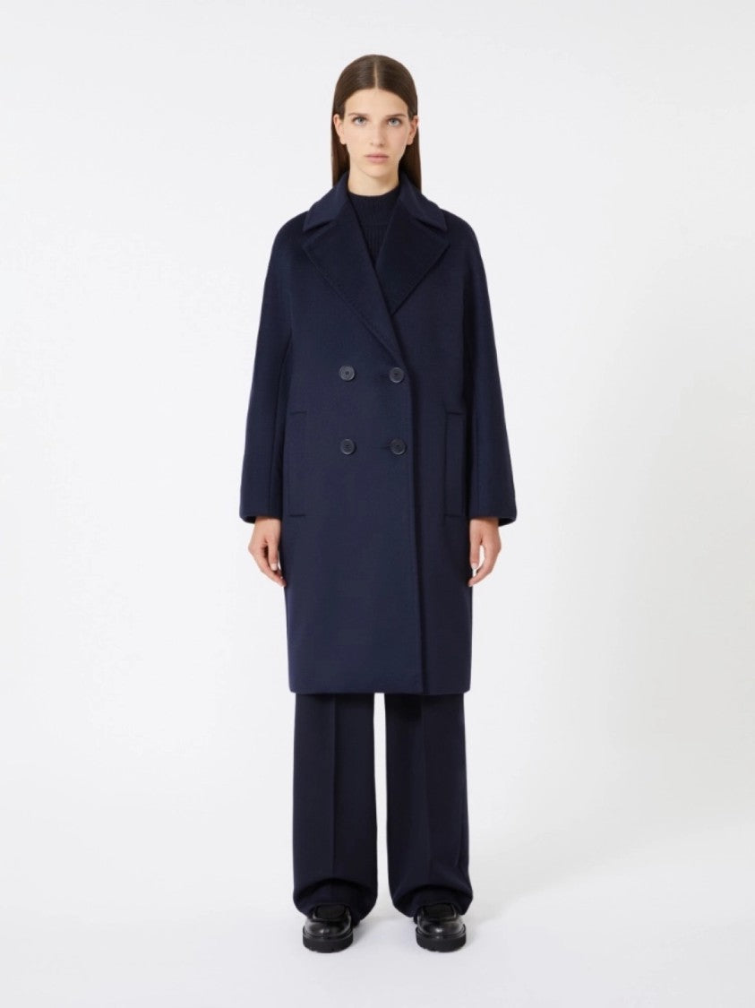 Max Mara Double-Breasted Navy Blue Virgin Wool Coat