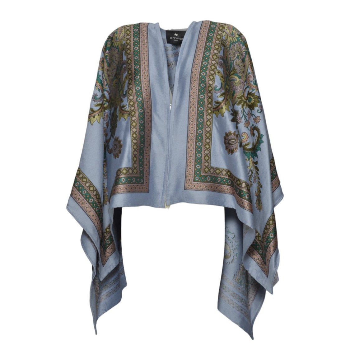 Etro Blue Jacquard Fil Coupè Wool Cape