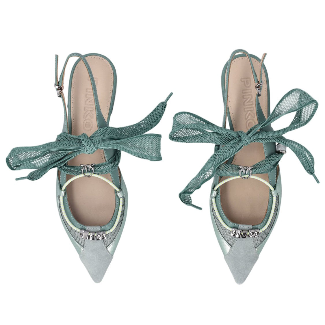 Pinko Green Slingback Lace-Up Leather Flats