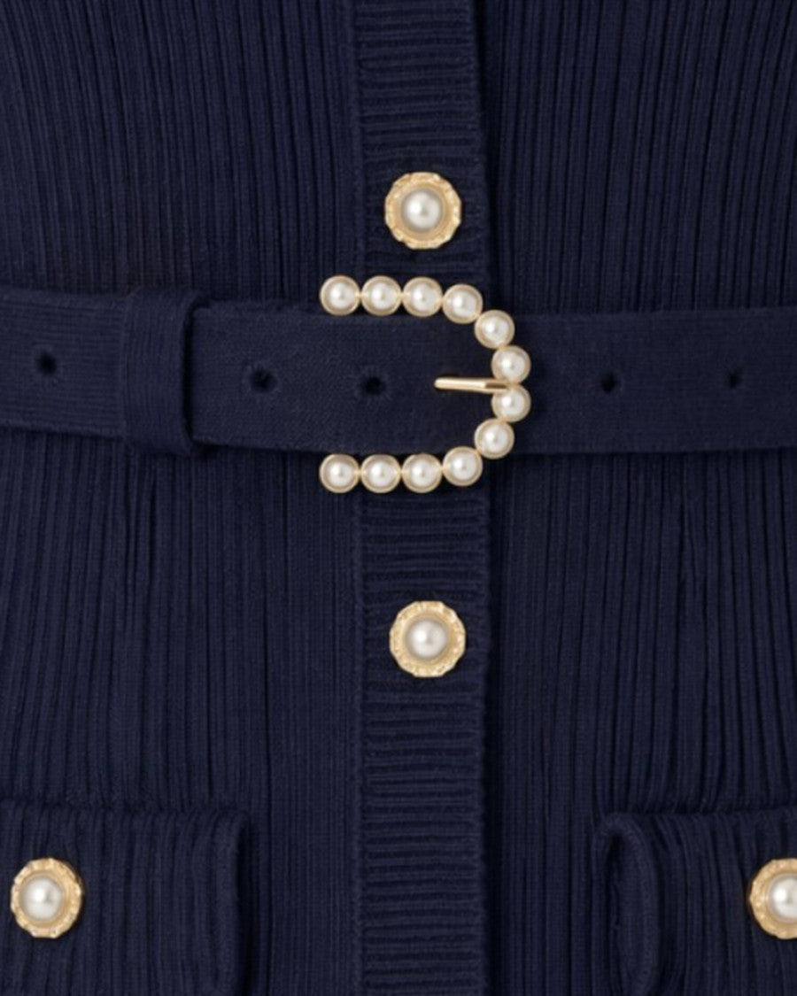 Self-Portrait Ribbed Knit Cardigan With Contrast Collar And Pearl Accents