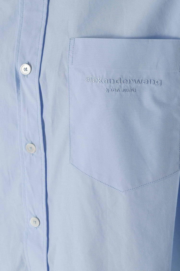 Alexander Wang Oxford Blue Cropped Embroidered Logo Organic Cotton Shirt