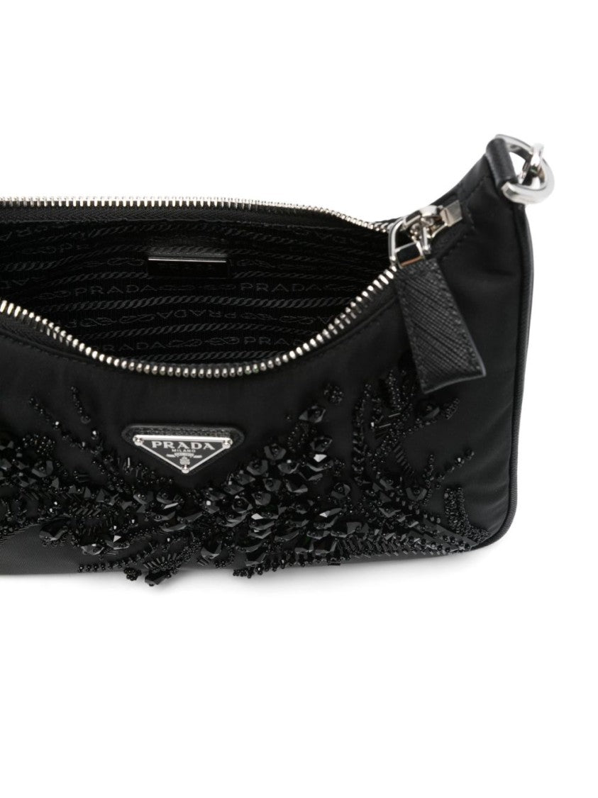 Prada Black Beaded Floral Embellished Bag With Dual Strap Design