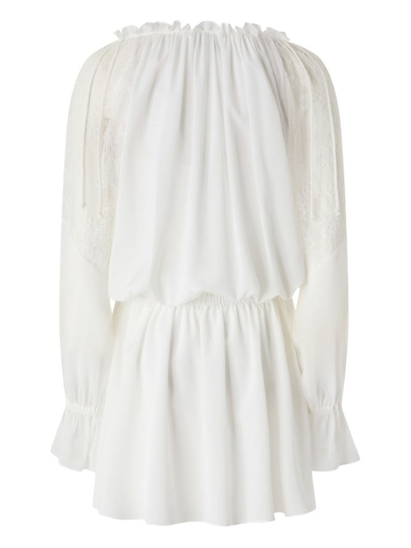 Pinko Ruffled White Blouse With Peplum Waist And Lace Inserts