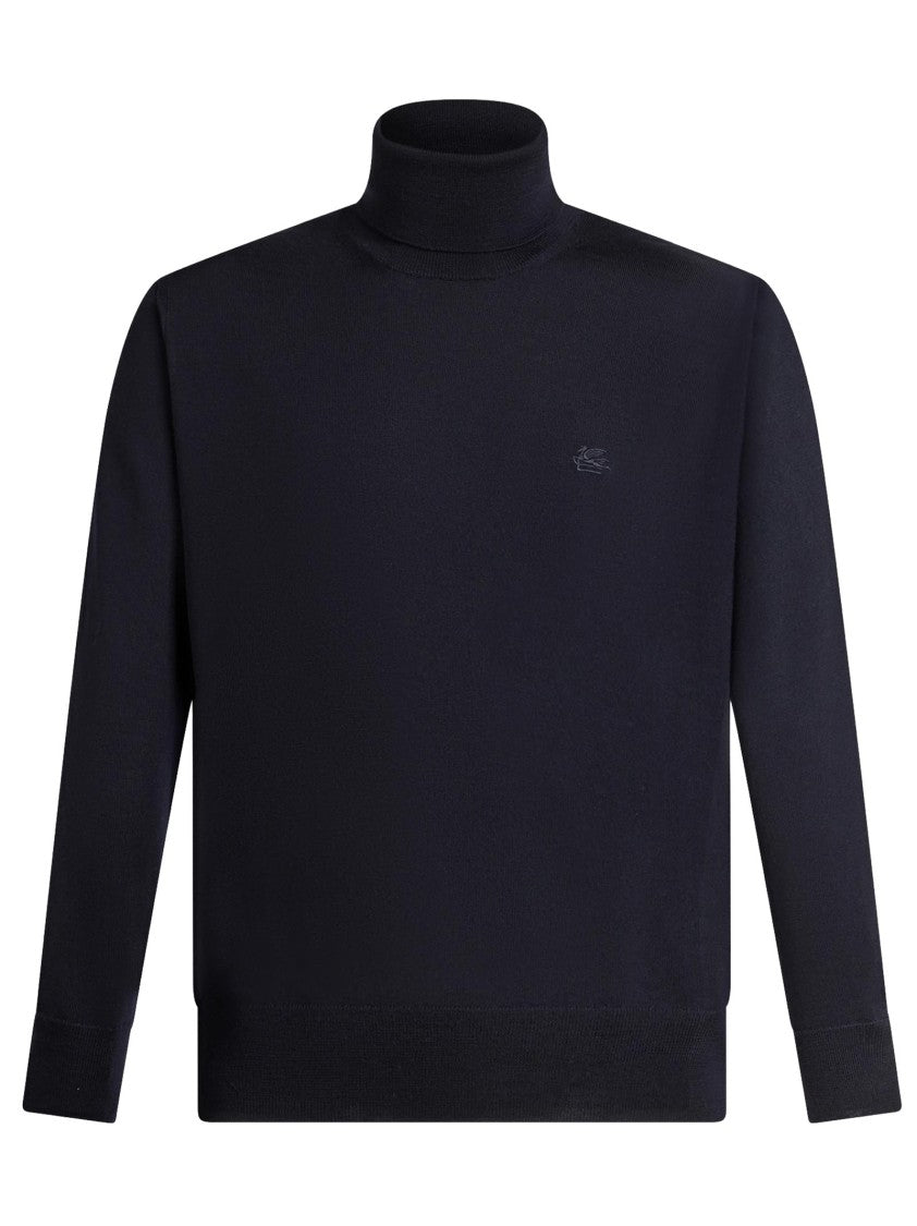 Etro Blue Wool Turtleneck Sweater With Ribbed Detailing