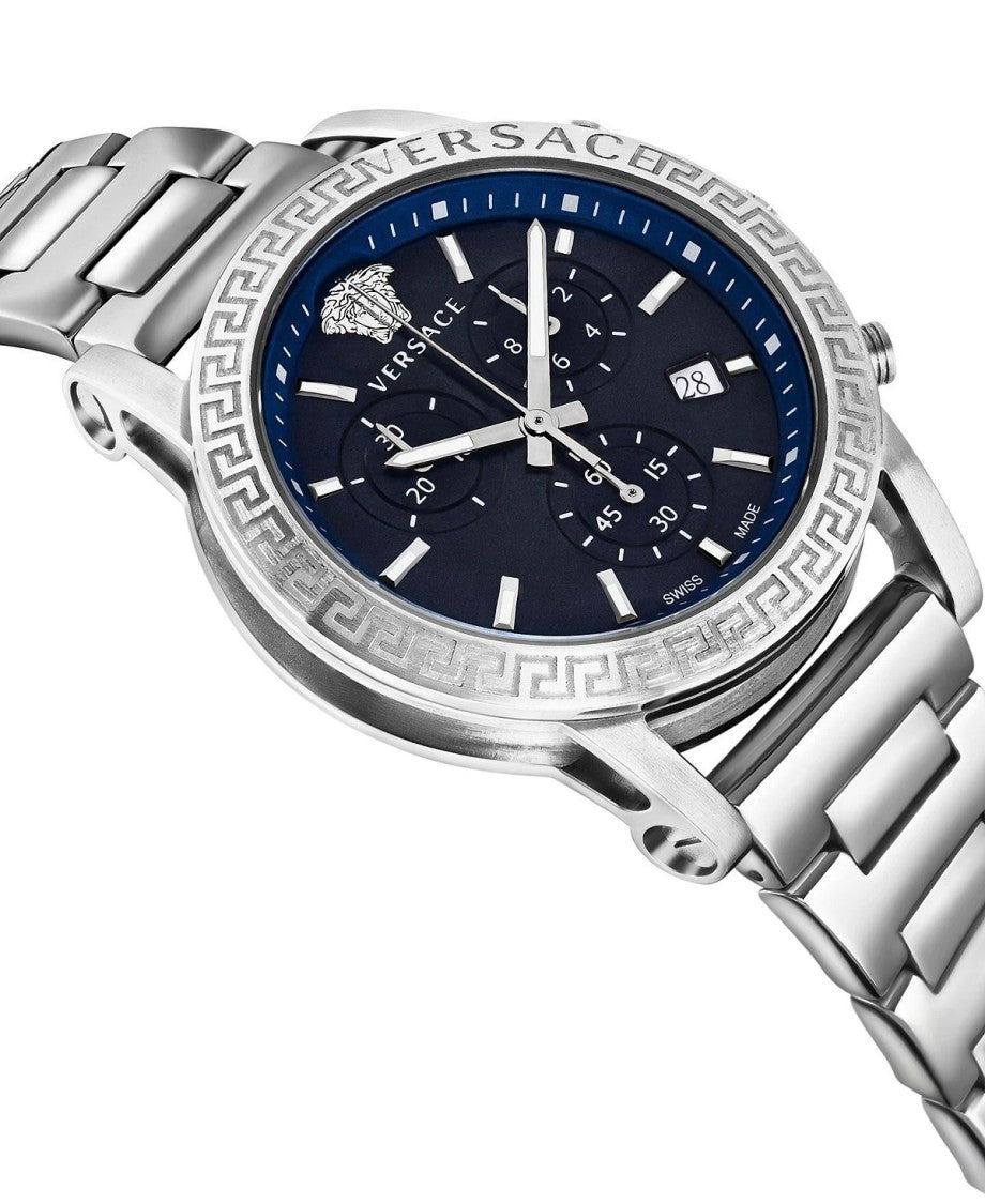 Versace Chronograph Watch With Blue Dial And Stainless Steel Case