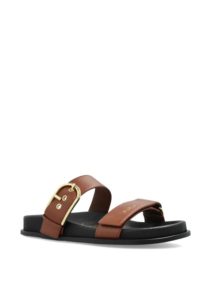 Furla Solea Sandal Brown Leather Gold Buckle