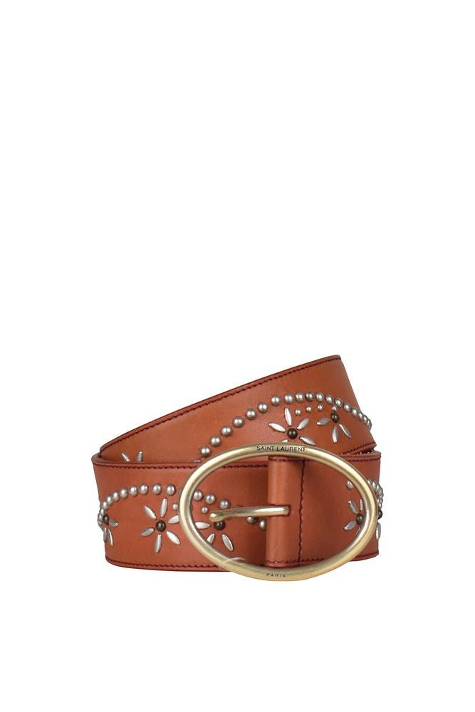 Saint Laurent Brown Leather Belt With Silver Flower Studs