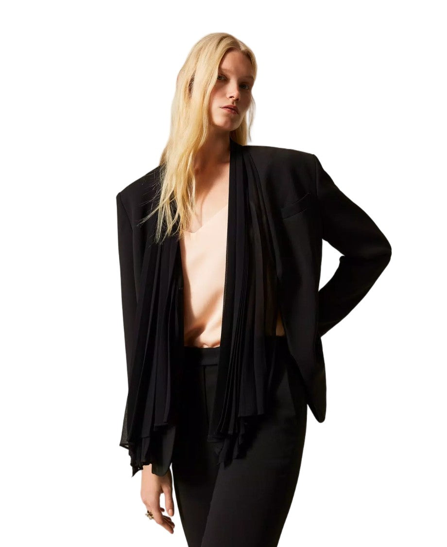 Twin-Set Crêpe Removable Pleated Scarf V-Neck Blazer