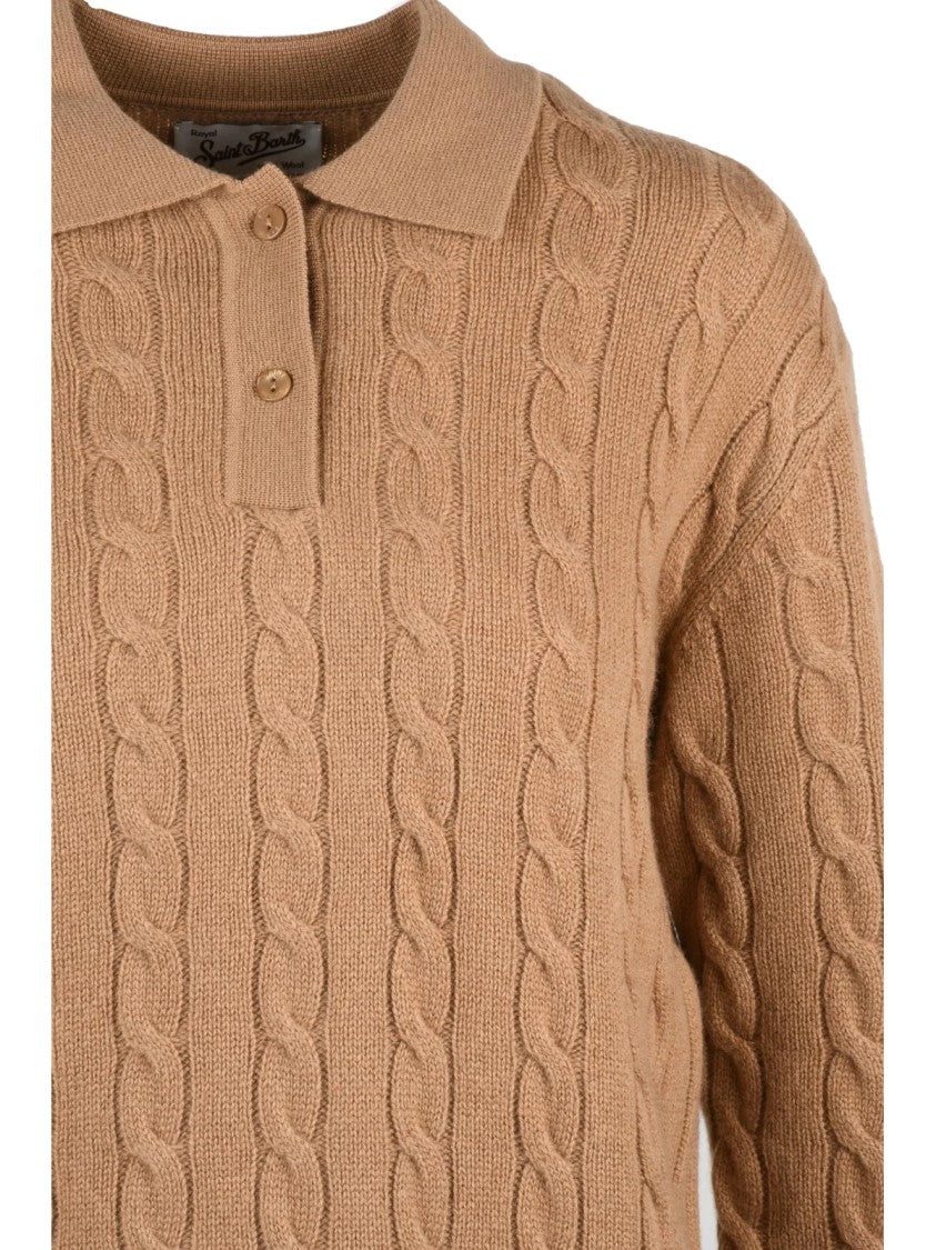Mc2 Saint Barth Beige Cable Knit Wool Polo Sweater