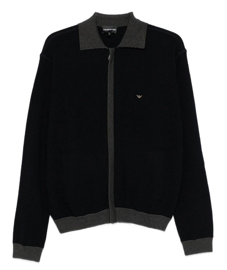 Emporio Armani Black Zip-Closure Sweater With Contrasting Ribbed Trim