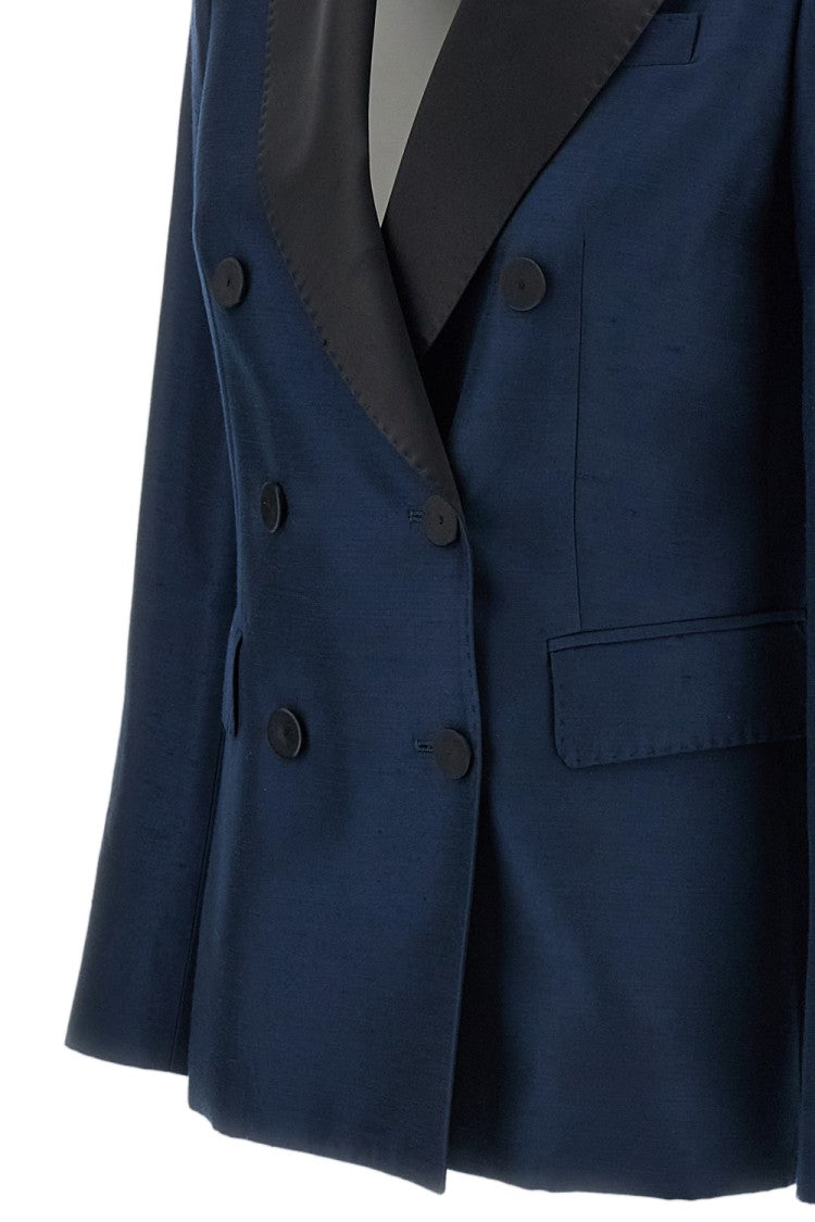Alberto Biani Blue Iridescent Satin Double-Breasted Tuxedo Blazer