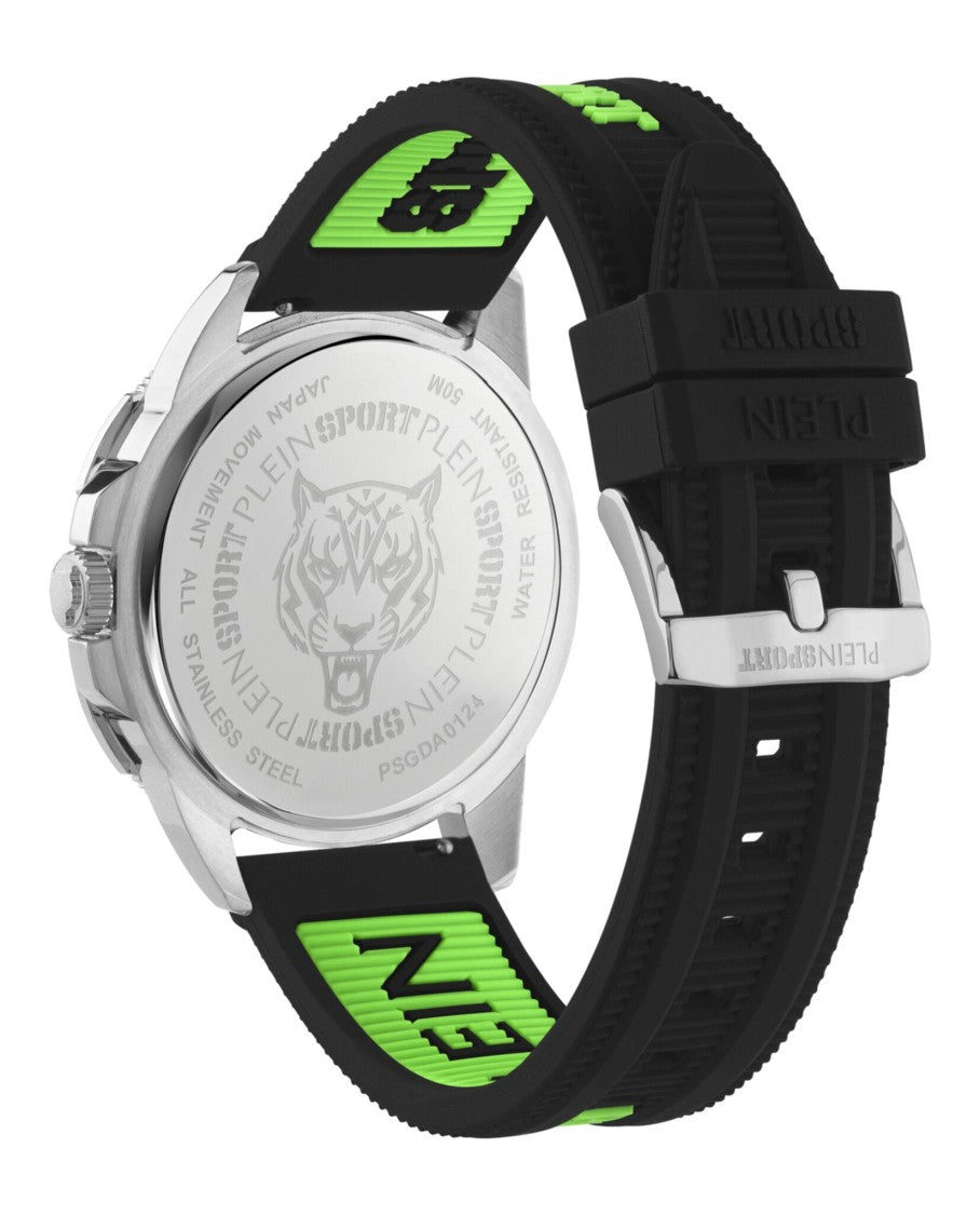 Plein Sport Bold Black Silicone Watch With Vibrant Green Accents