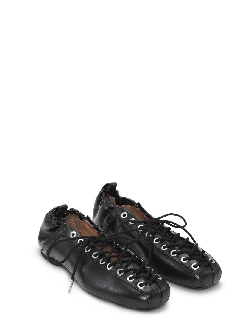 Ganni Eyelets Lace-Up Ballerina Flats With Crinkle Oleatex Finish